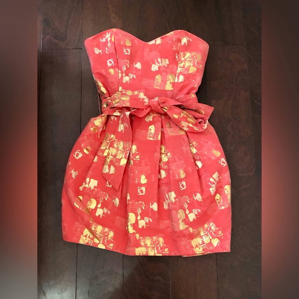Pink and Gold Patterned Strapless Dress